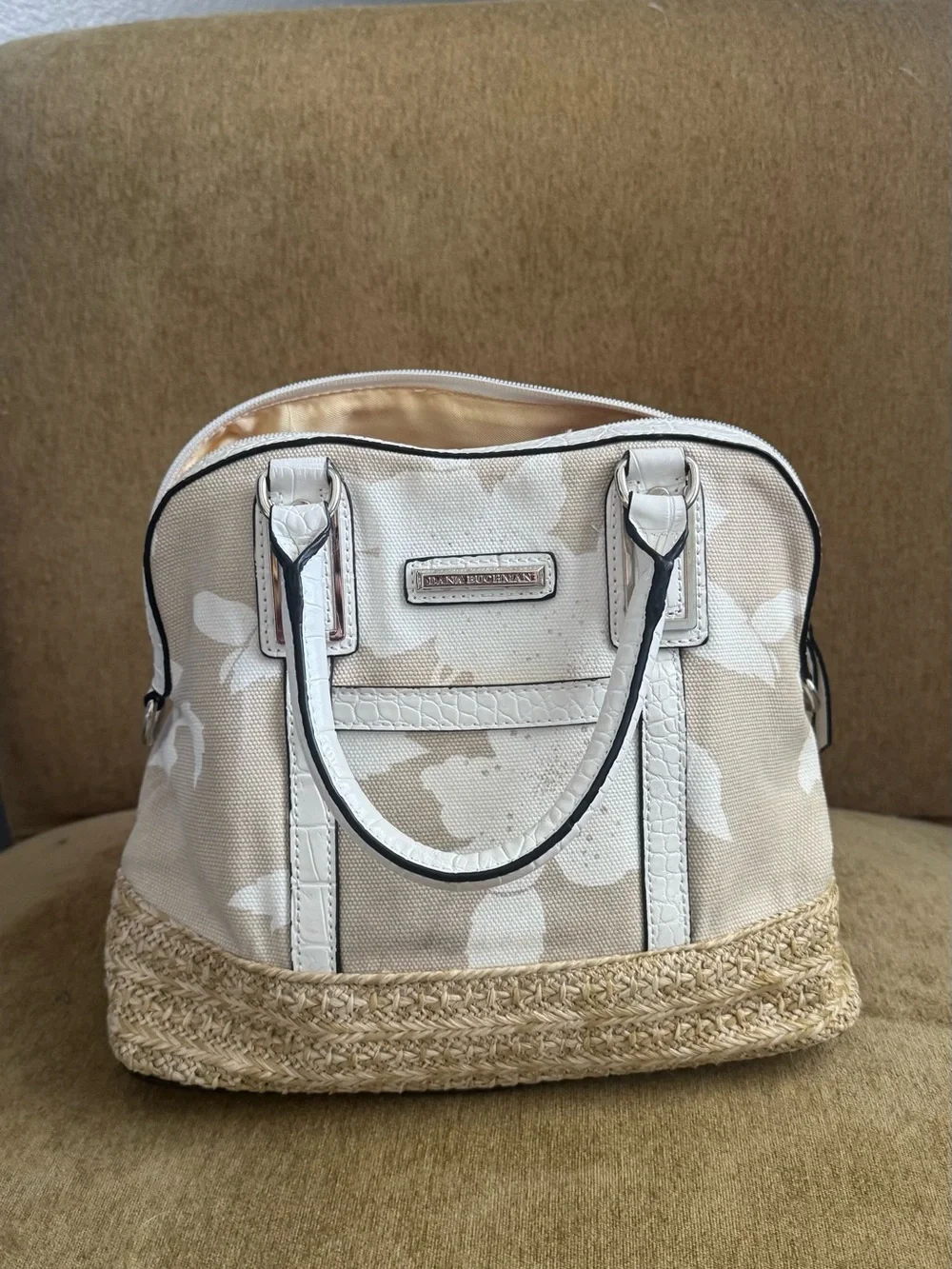 Beige Floral Canvas & Straw Tote Bag - Lightweight Everyday Handbag